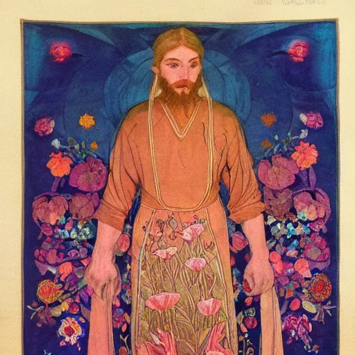 Prompt: the flower prince, by Annie Swynnerton and Nicholas Roerich , embroidered robes, floral tattoos, bioluminescent, elaborate costume, geometric ornament, symbolist, soft colors, dramatic lighting, smooth, sharp focus, extremely detailed