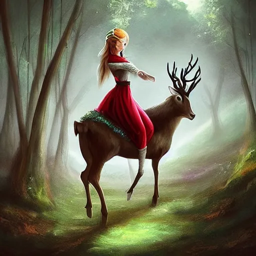 Image similar to “ beautiful elf riding white deer in a forest, digital art, artstation ”