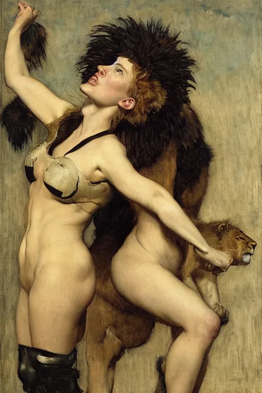 Image similar to scarlett johansson as a lion tamer by edgar maxence and caravaggio and michael whelan and delacroix