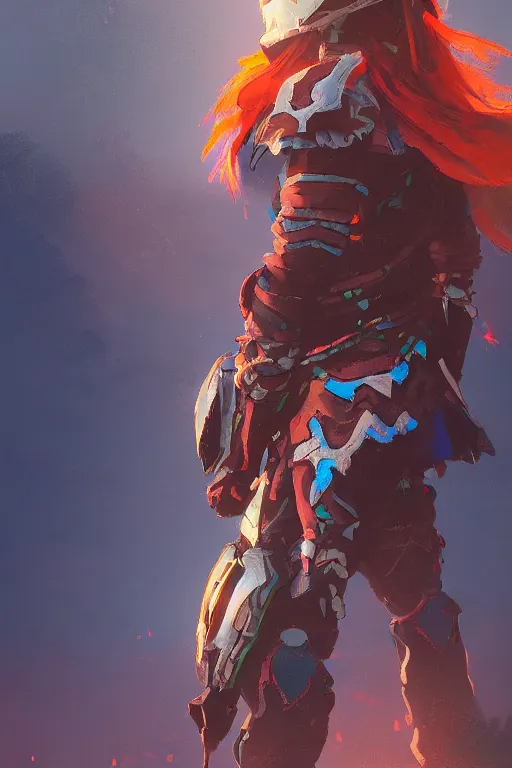 Image similar to combination suit armor aloy horizon forbidden west horizon zero dawn radiating a glowing aura global illumination ray tracing hdr fanart arstation by ian pesty and alena aenami artworks in 4 k tribal robot ninja mask helmet backpack