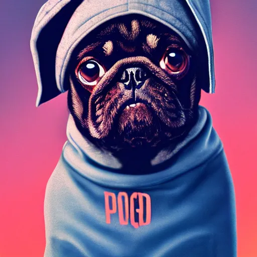 Image similar to a sad pug wearing a hoodie, the word ( sad ) is written on the hoodie in upper case letters, clear word, digital art, synthwave style, trending on artstation, matte painting
