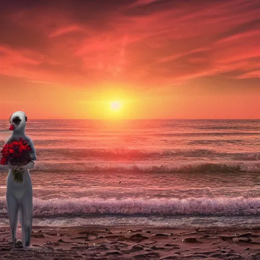 Prompt: cinematic shot of the singer Seal holding a bouquet of roses on a beach at sunset, highly intricate, highly detailed,