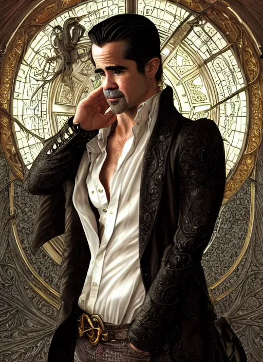 Image similar to colin farrell as a 2 1 st century aristocrat wearing boots, detailed face, d & d, wet, shiny, fantasy, intricate, elegant, hyper detailed, ultra definition, photoreal, artstation, unreal engine rendered, concept art, smooth, sharp focus, illustration, art by artgerm and greg rutkowski and alphonse mucha and garis edelweiss