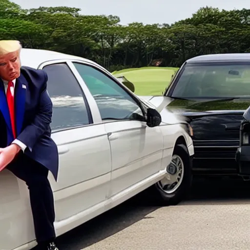 Prompt: photo of trump with handcuffs on his hands, being taken from his golf course to an fbi car