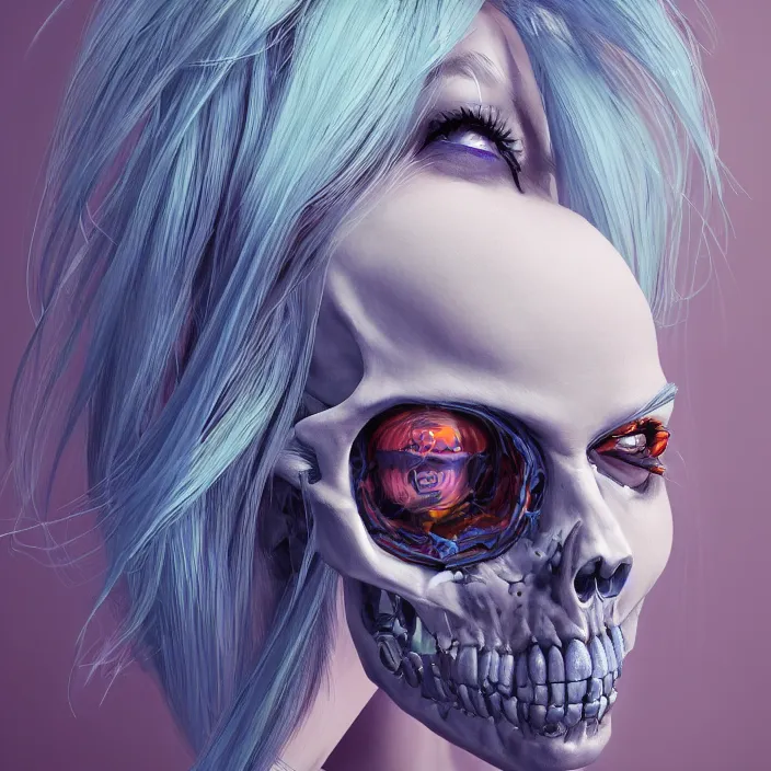 Image similar to portrait of female alt model with blue hair as a skeleton. intricate abstract. intricate artwork. nightmare fuel. by Tooth Wu, wlop, beeple, dan mumford. octane render, trending on artstation, greg rutkowski very coherent symmetrical artwork. cinematic, hyper realism, high detail, octane render, 8k, iridescent accents