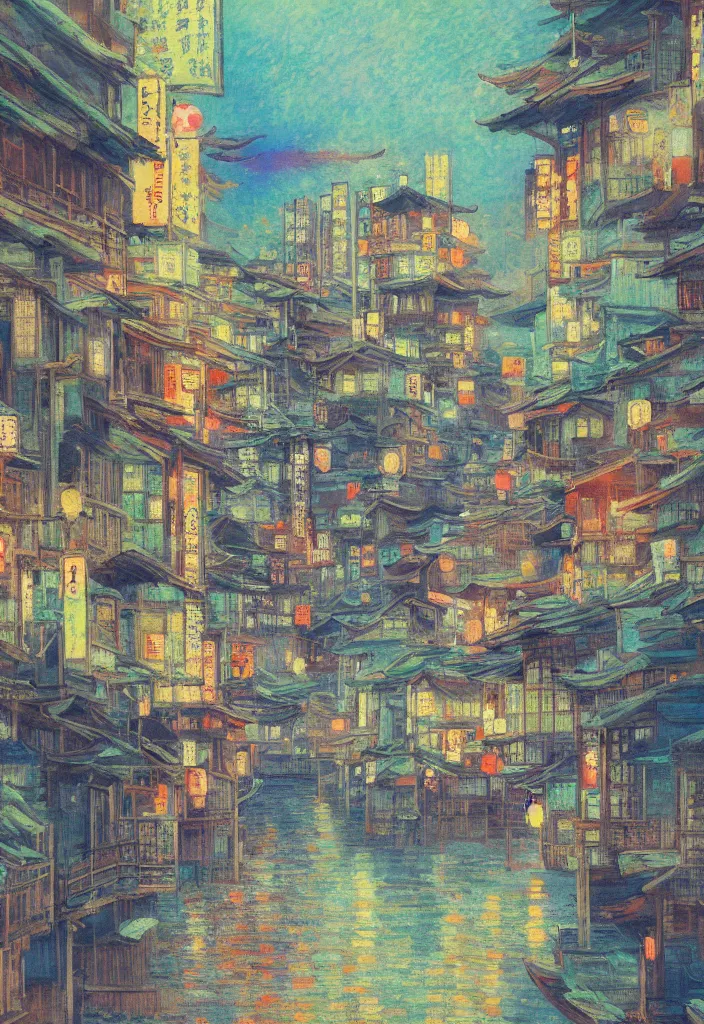 Prompt: a beautiful japanese city near the sea, ryokans and edo era houses, cyberpunk, lofi vibe, colorful, vivid color, oil painting in impressionist style, by monet, by makoto shinkai, multiple brush strokes, inspired by ghibli, masterpiece