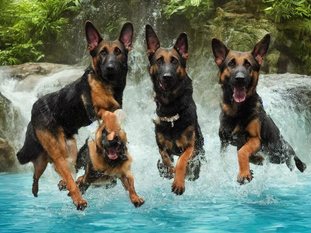 Prompt: A German shepherd and a Labrador retriever going for a swim beneath a waterfall, hyperrealistic, trending on Artstation