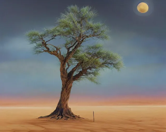 Image similar to a painting of a tree in the desert, an airbrush painting by breyten breytenbach, sea of sand, cgsociety, neo - primitivism, airbrush art, dystopian art, apocalypse landscape