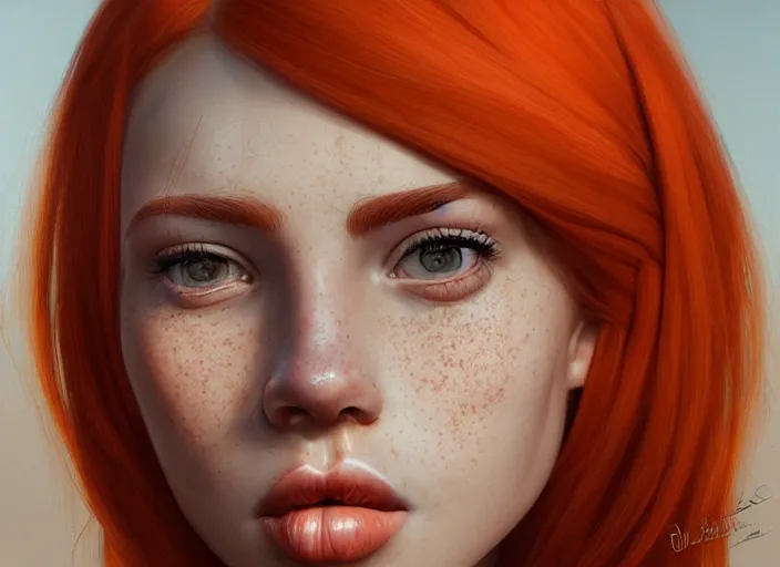 Prompt: portrait Girl with orange hair and freckles, cute-fine-face, pretty face, realistic shaded Perfect face, fine details. realistic shaded lighting by Daniela Uhlig