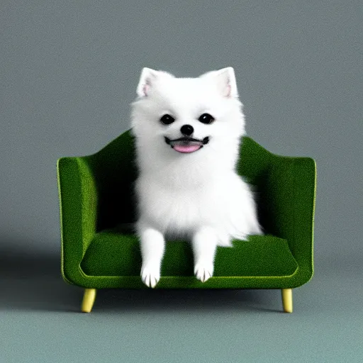 Prompt: small white pomeranian chihuahua dog on a green velvet sofa, photorealistic, hyper detailed, 8k, tight focus, masterpiece, trending on artstation