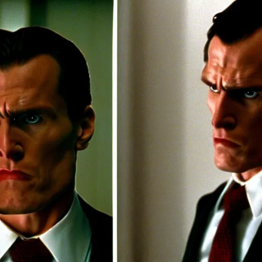 Prompt: a still of a Draconian in the American Psycho (2000), doing the Bateman stare, cinematic still, 4K Bluray