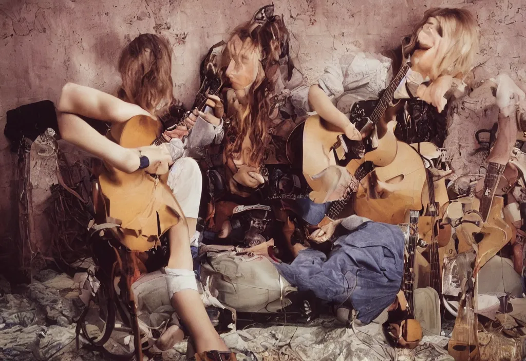 Image similar to beautiful women playing guitar in front of a tv, 3 5 mm, cinestill, depth of field in the style of bruce weber