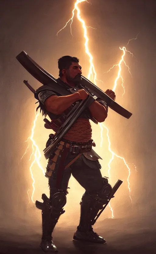 Prompt: fullbody!! mexican warrior with a shotgun surrounded by lightning, smooth and sharp, trending on artstation, fine details, elegant, dynamic pose, detailed and intricate environment, professional by tatyana kupriyanova and greg rutkowski and raymond swanland