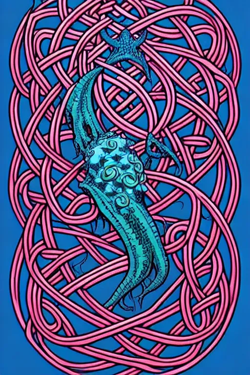 Prompt: comic cover art of a sea monster forming a celtic knot, by jenny frison and sana takeda, intricate details, stunning inking lines, flat colors, 4 k, hd, artstation