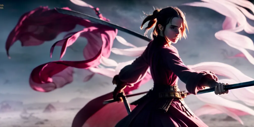 Prompt: a very detailed key visual of emma watson in demon slayer, action lines, ufotable, greg rutkowski, high resolution, dynamic pose, landscape, medium portrait, samurai outfit, action, hyper realistic, koyoharu gotouge, sakuga