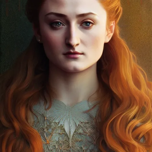 Image similar to portrait of beautiful sansa stark, intricate, elegant, highly detailed, digital painting, artstation, concept art, smooth, sharp focus, illustration, art by artgerm and greg rutkowski and alphonse mucha and william - adolphe bouguereau