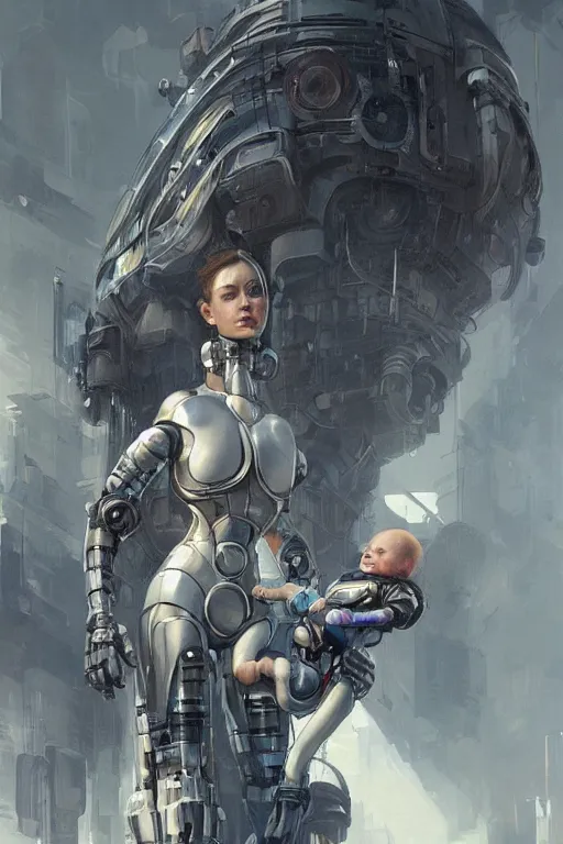 Image similar to Ultra realistic illustration, robot woman carrying a baby (baby with eyes closed), cyberpunk, sci-fi, fantasy, intricate, elegant, highly detailed, digital painting, artstation, concept art, smooth, sharp focus, illustration, art by artgerm and greg rutkowski and alphonse mucha