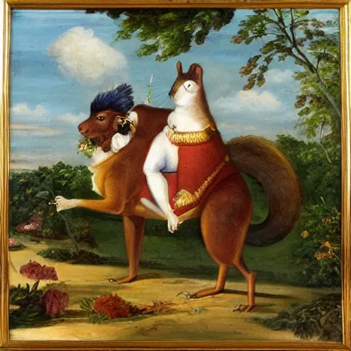 Image similar to a giant squirrel carrying napoleon!!! on its back, beach scene with flowers and foliage, detailed oil painting