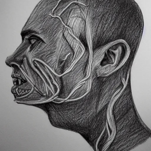 Image similar to highly detailed pencil sketch of a person's head cracking open on the top, lots of long strings grow out of it. the person seems happy