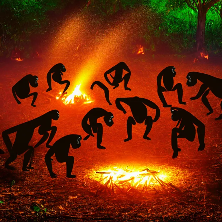 Image similar to real life 1 2 chimpanzees dancing in circle, bonfire in center, a jungle, cinematic, volumetric lighting, vivid colours, long evil shadows, f 8 aperture, cinematic eastman 5 3 8 4 film, photorealistic