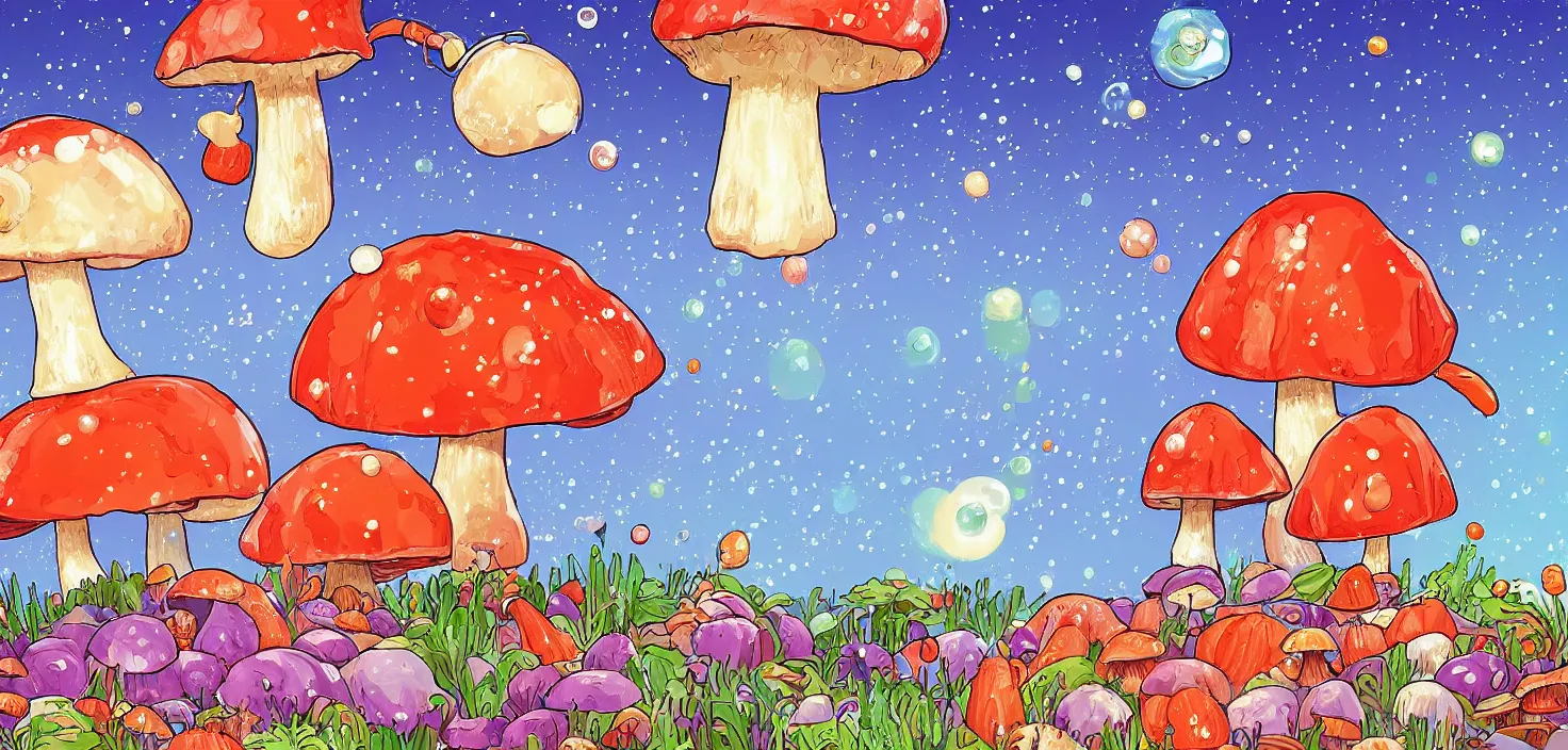 Image similar to a giant mushroom and a giant carrot aking a warm bubble bath, digital art in the style of Ralph goings