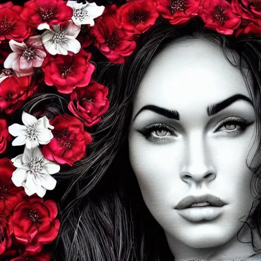 Prompt: “Megan Fox Red composed of flowers, ultra detailed portrait, 4k resolution”