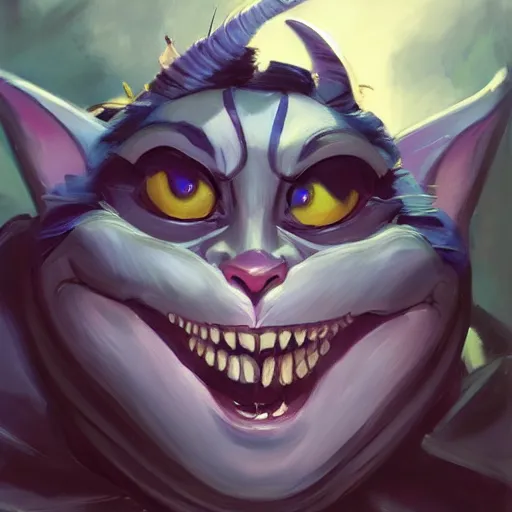 Image similar to greg manchess portrait painting of partially armored cheshire cat from alice in wonderland as overwatch character, medium shot, asymmetrical, profile picture, organic painting, sunny day, matte painting, bold shapes, hard edges, street art, trending on artstation, by huang guangjian, gil elvgren, ruan jia, randy vargas, greg rutkowski