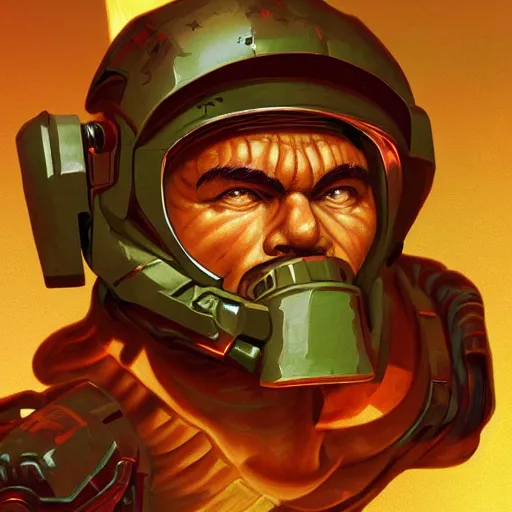 Prompt: stoned doomguy, highly detailed, digital painting, artstation, sharp focus, illustration, art by tan zi and ayanamikodon and alphonse mucha and wlop