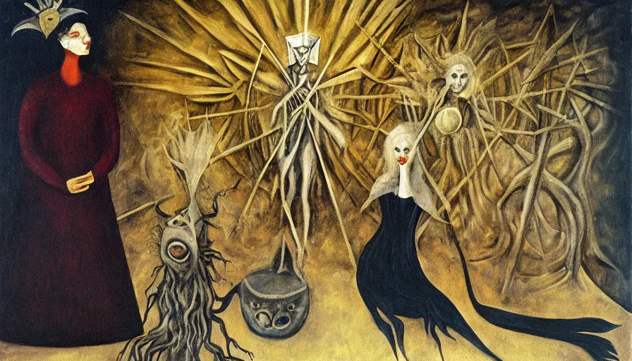 Image similar to The Witches of the Shore, surreal painting of Remedios Varo and Leonara Carrington (1950), oil painting, fresh blood and gold leaf