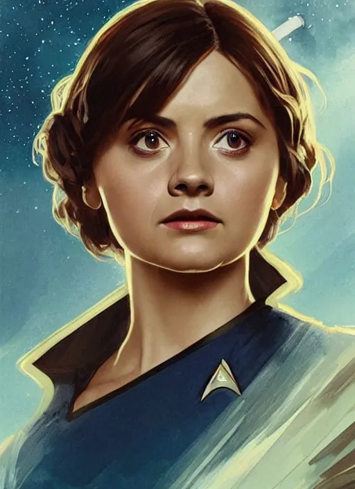 Image similar to jenna coleman as a star trek captain, a still from star trek painted by artgerm and greg rutkowski and alphonse mucha. clear highly detailed face, beautiful sci fi art