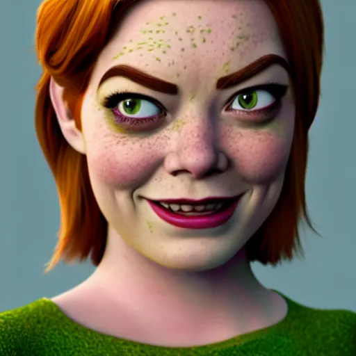 Image similar to Emma Stone as female Shrek, fully detailed, high quality , 4k , octane render