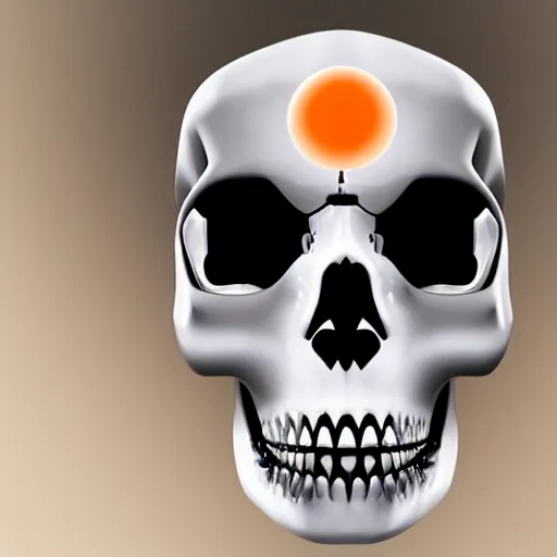 Image similar to real human skull with robotic circular orange light electronic eyes in eye sockets, cyberpunk, futurism