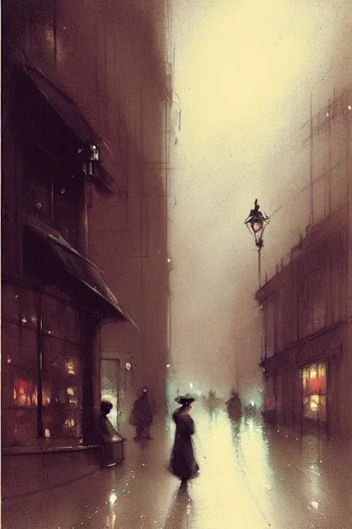 Image similar to (((((1950s london street at night with dramatic lighting. muted colors.))))) by Jean-Baptiste Monge !!!!!!!!!!!!!!!!!!!!!!!!!!!