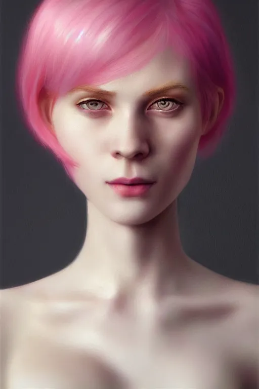 Image similar to Portrait of a beautiful pale skin Nordic female with short pink hair, elegant, photorealistic, highly detailed, artstation, smooth, sharp focus, gold ornaments, neon lighting, sci-fi, art by Klimt.