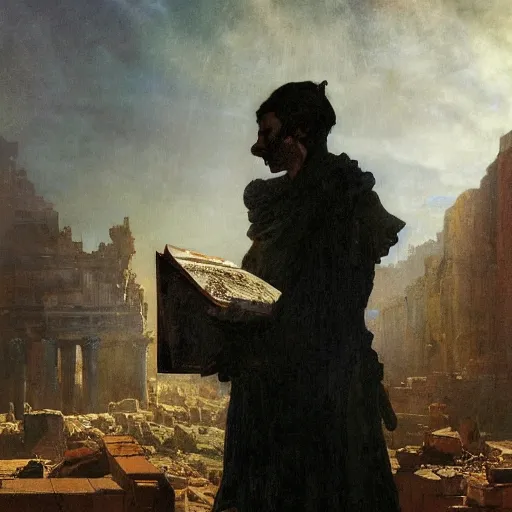 Image similar to half portait of magican wearing a cowl with big old book!, jeremy mann, jean leon gerome, tiepolo, alphonse mucha, greg rutkowski, face in the shadows, ( ( ruins of ancient rome ) ), at dusk, mysterious atmosphere, sunrays, dof, masterpiece, high detailed, 8 k