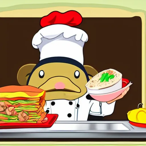 Prompt: anime cute platypus on a kitchen wearing a chef hat and holding a lasagna into an oven, anime style, chibi style, kawaii