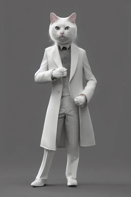 Image similar to a white cat wearing a formal overcoat, hyperrealistic, concept art, octane render, unreal engine 5, trending on DeviantArt, highly detailed, high quality, 8K, soft lighting, cute, natural lighting, realistic face, trending on Artstation, elegant clothes, profile picture, path traced