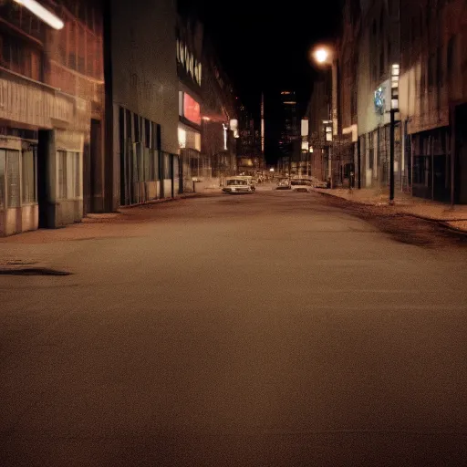 Image similar to color photograph, highly detailed abandoned New York city street at night after the war between humans and AIs, film grain, soft vignette, sigma 85mm f/1.4 1/10 sec shutter, film still promotional image, IMAX 70mm footage