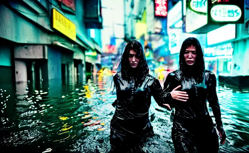 Image similar to cinestill 5 0 d candid photographic portrait by steve mccurry of two loving female androids sobbing wearing rugged black mesh techwear in treacherous waters, flooded city, long shot, retrofuturism cyberpunk moody emotional cinematic, pouring iridescent rain bright spotlight helicopter, 8 k, hd, high resolution, 3 5 mm, f / 3 2, ultra realistic faces, ex machina