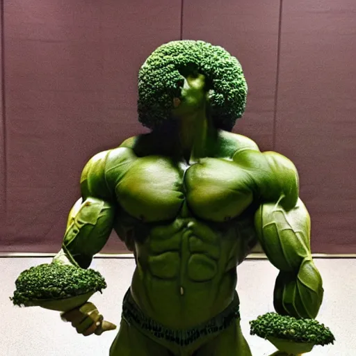 Image similar to a posing bodybuilder sculpture made entirely from broccoli