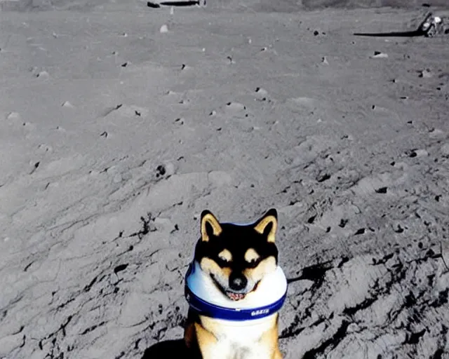 Image similar to old picture of the first shiba on the moon, astronaut suit, 9 0's photograph, black and white