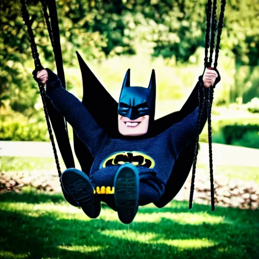 Image similar to batman sits happily on a garden swing, happy face, 8 k photography