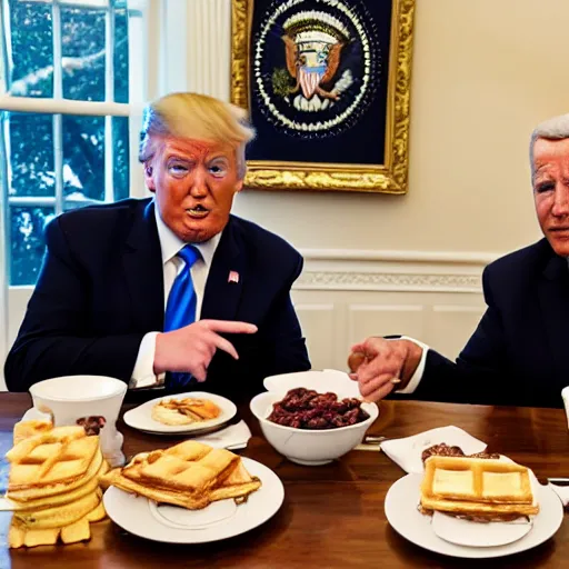 Image similar to photograph of trump and Biden sitting and eating breakfast at a Wafflehouse