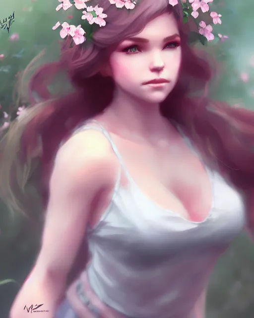 Prompt: tuesday weld surrounded by mist and pretty flowers, very detailed, realistic face, detailed face, matte, tonemapping, bbwchan, perfection, 4 k, cushart krenz, cinematic, atmospheric