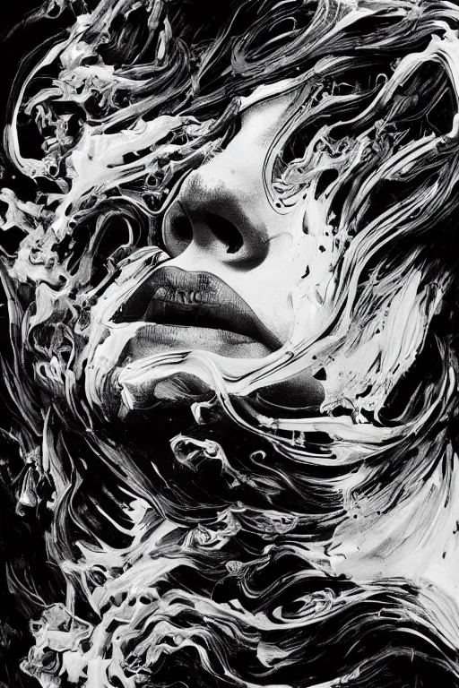 Prompt: distorted detailed painting of a woman made of ink cloud smoke, hyper detailed, trending on Artstation