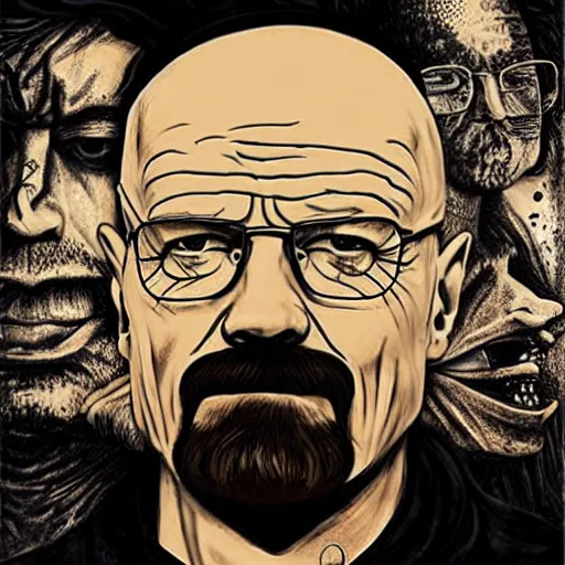 Image similar to walter white on a death metal album cover