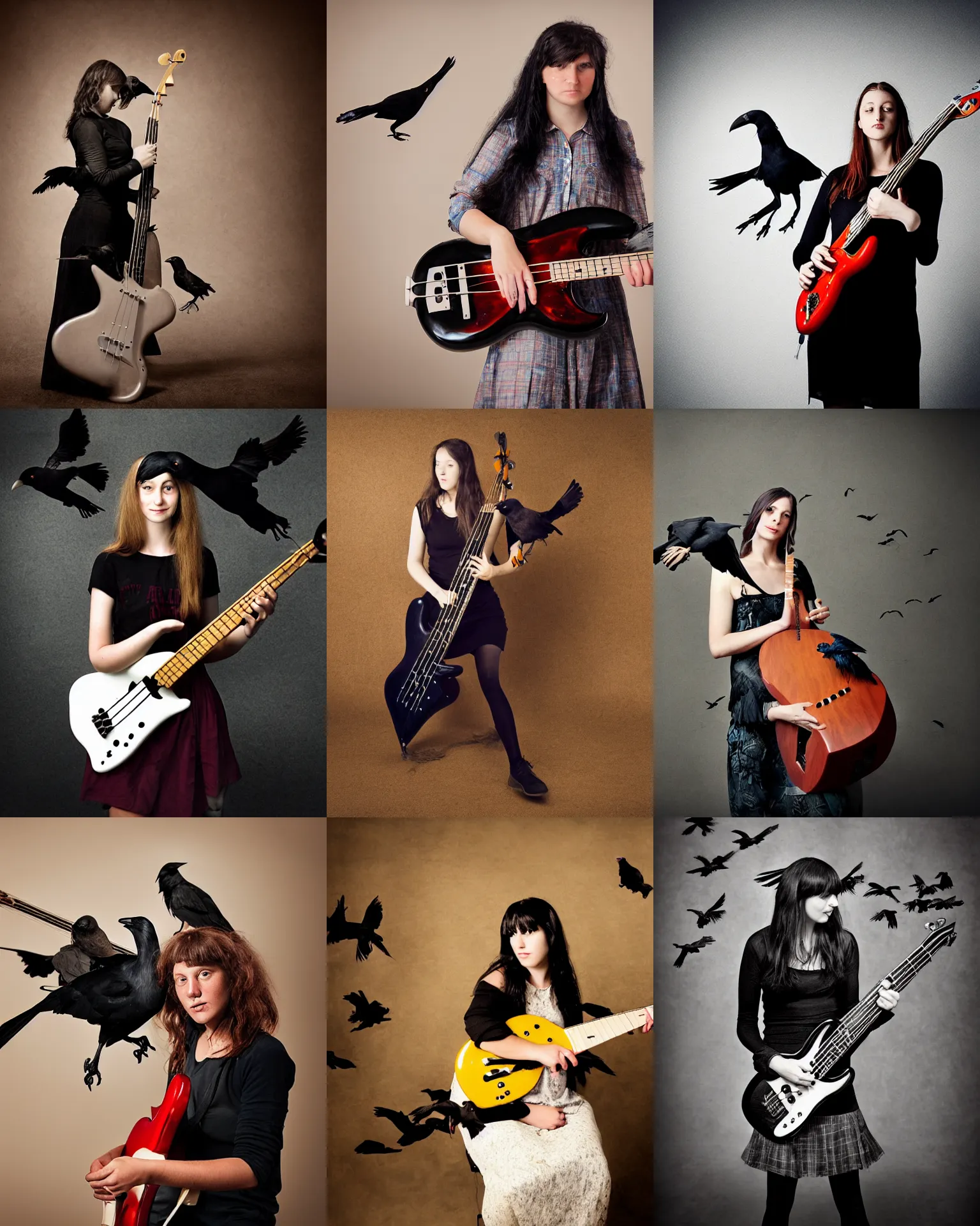 Prompt: a beautiful girl playing bass guitar with her Pet Crows photograph in the style of Annie Leibovitz, Studio Lighting