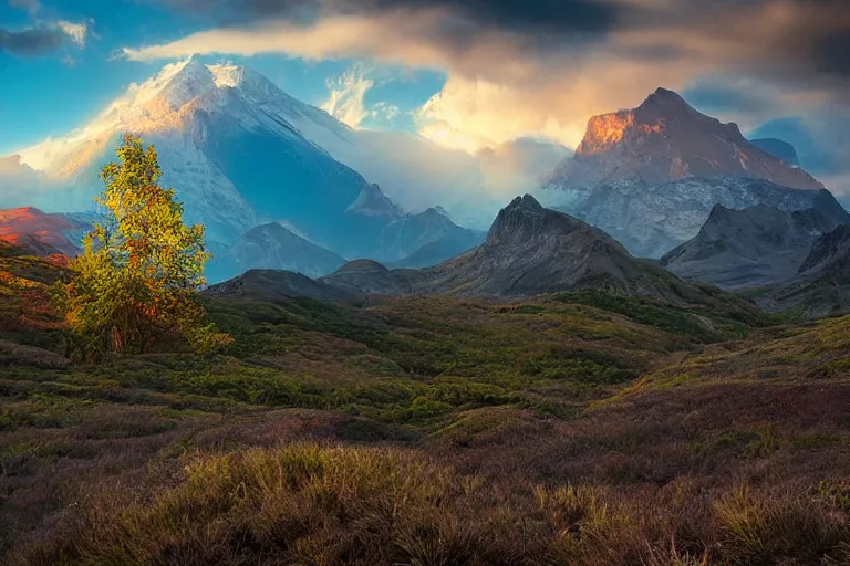 Prompt: beautiful landscape photo by marc adamus, mountains, tree in the foreground, dramatic sky,