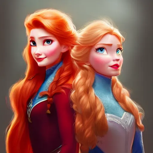 Prompt: elsa & anna, portrait, highly detailed, trending on artstation, d & d, concept art, sharp focus, red hair, illustration, digital painting, art by artgerm and greg rutkowski and magali villeneuve