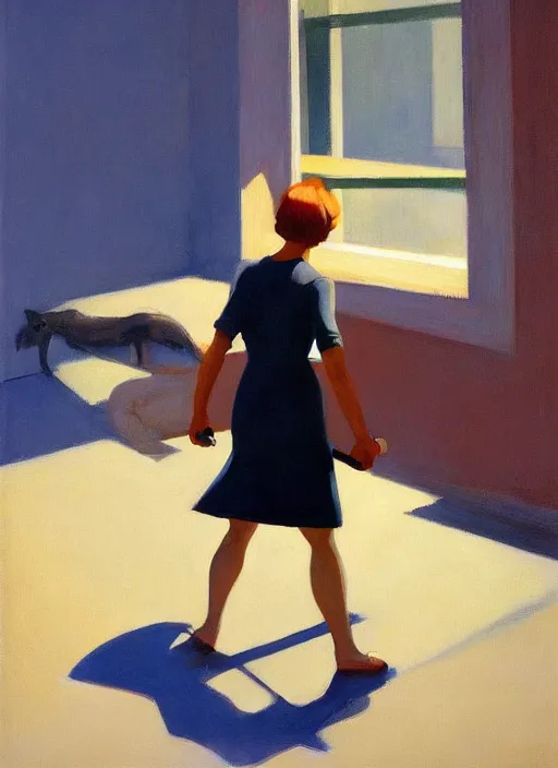 Image similar to woman with hammers instead of hands walking upsidedown by Edward Hopper and James Gilleard, highly detailed